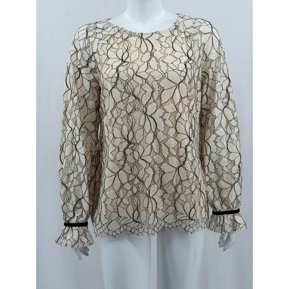 Rose + Olive Top Women Large Beige Black Floral Lace Long Sleeve Dainty Feminine